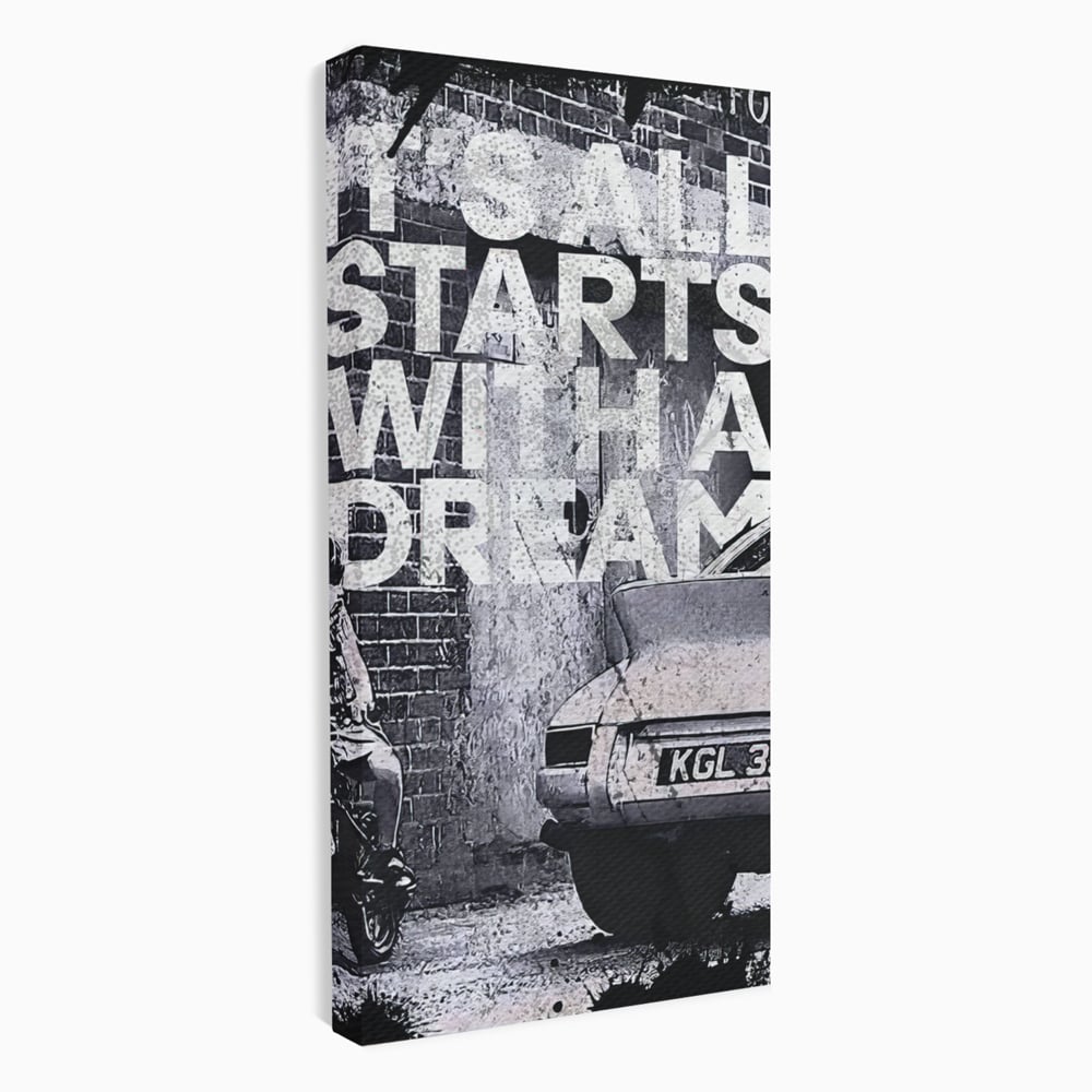Tablou canvas cu tablou motivational alb-negru cu text si masina, fara rama, pe sasiu de lemn